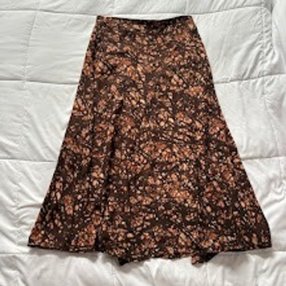 VTG Jones New York Womens Maxi Skirt 10 Brown 100% Silk Batik Abstract A-Line